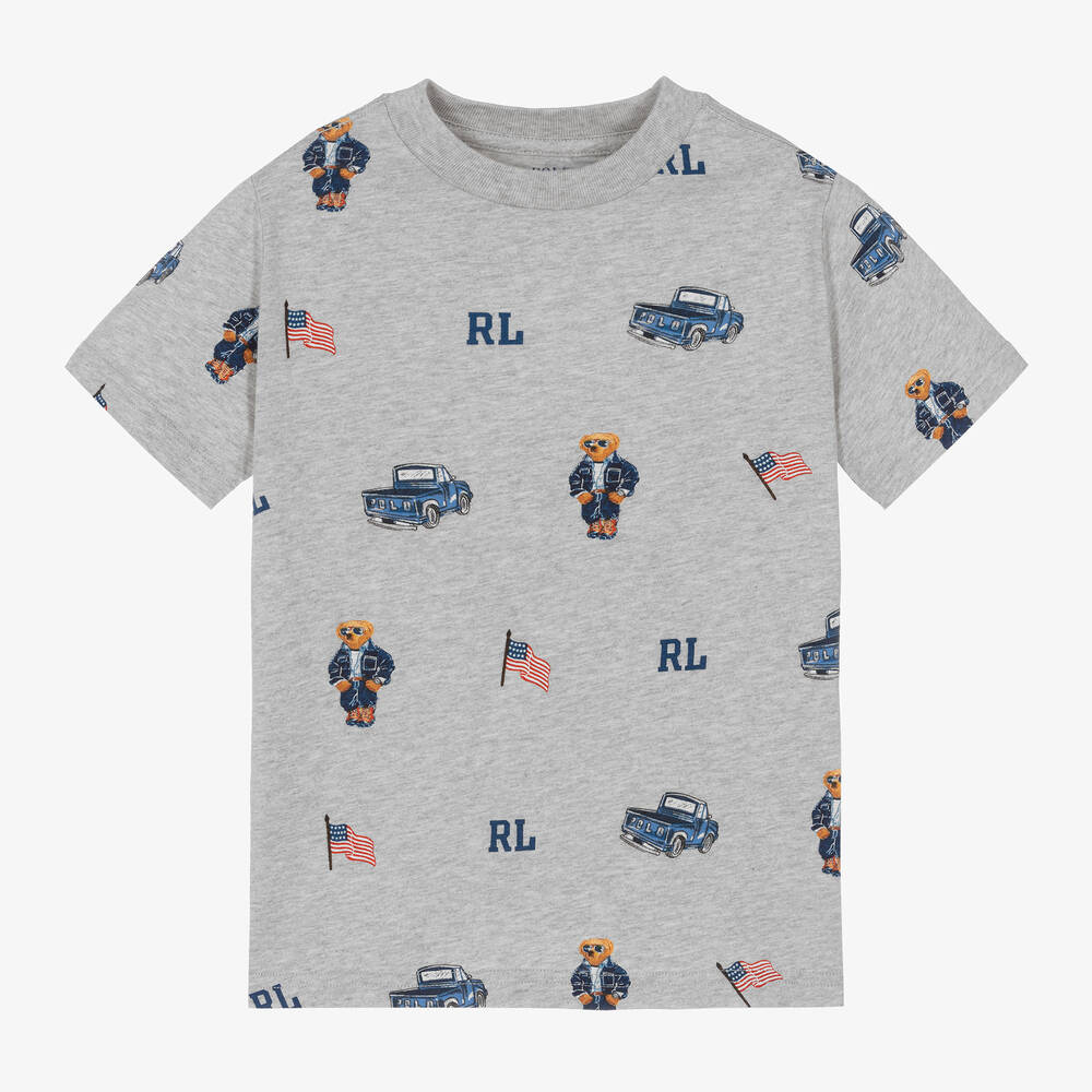 Ralph Lauren - Boys Grey Cotton Truck Bear T-Shirt | Childrensalon