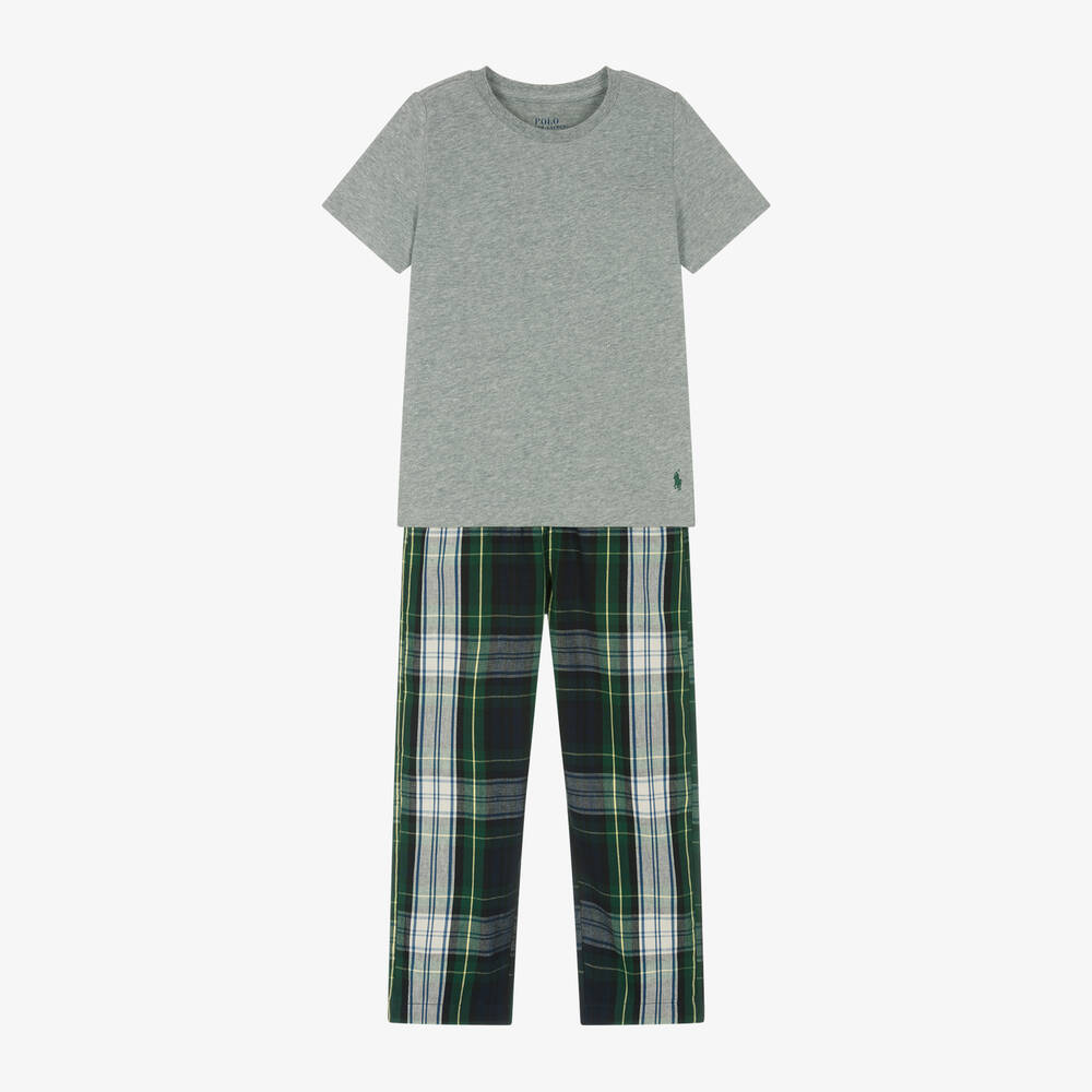 Ralph Lauren - Boys Grey & Green Tartan Cotton Pyjamas | Childrensalon