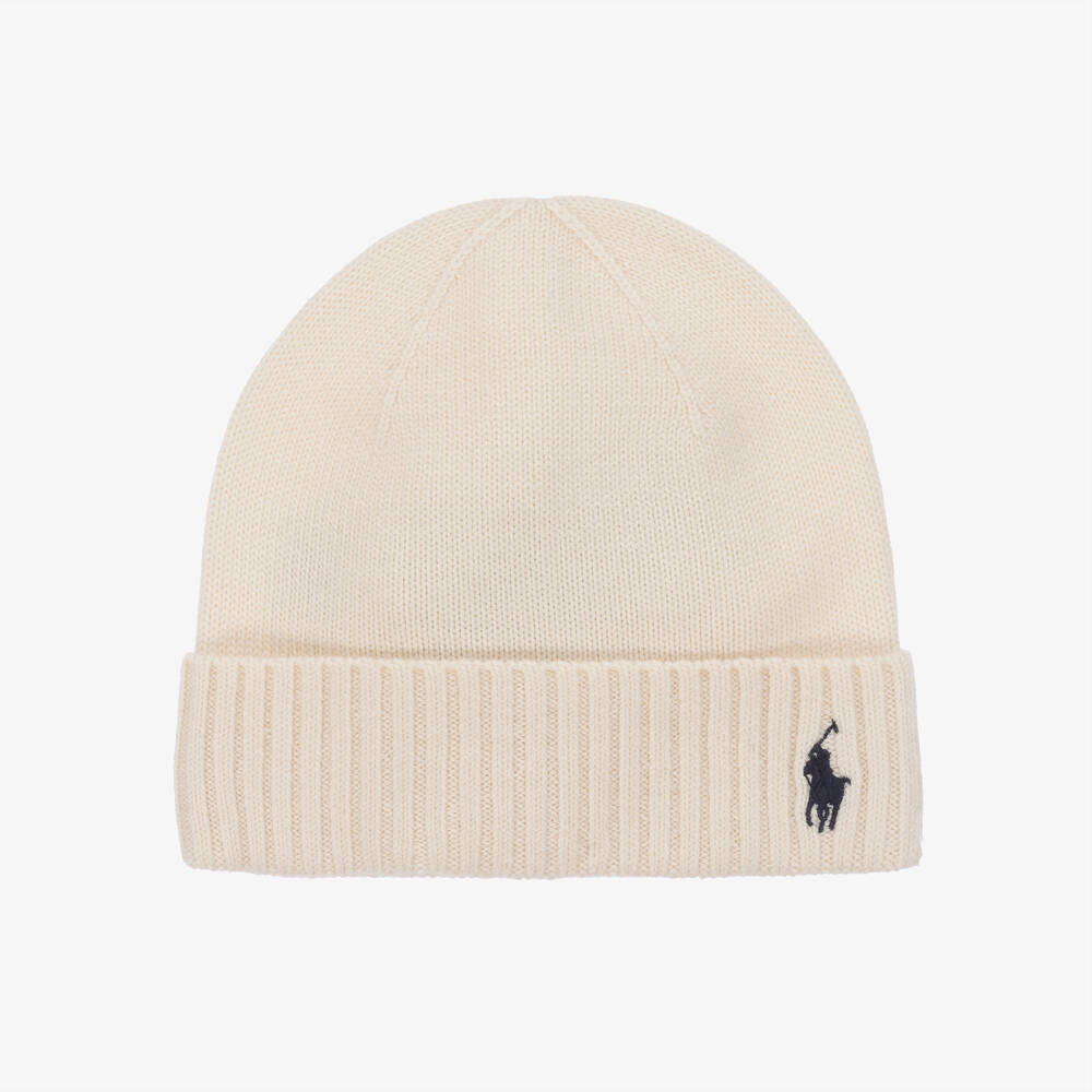 Ralph Lauren - Boys Ivory Wool Beanie Hat | Childrensalon