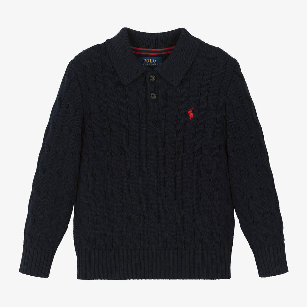 Ralph Lauren - Boys Navy Blue Cotton Cable Knit Sweater | Childrensalon