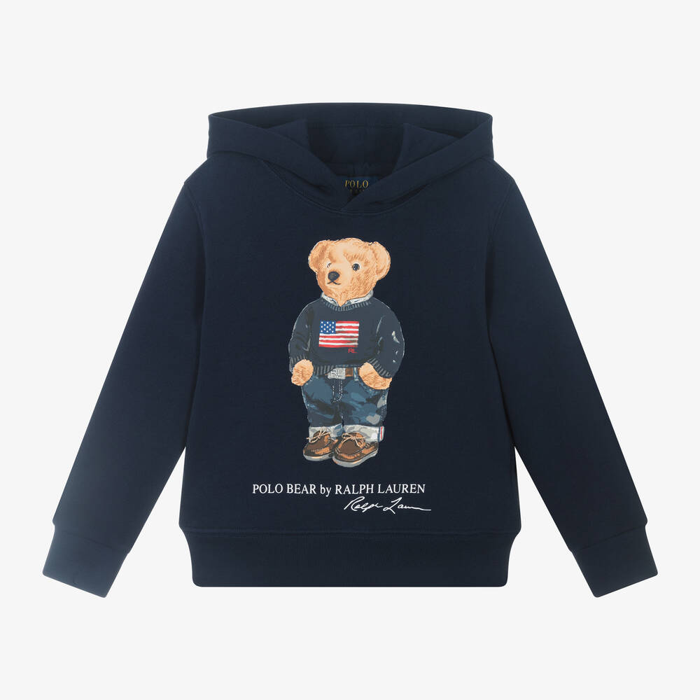 Ralph Lauren - Boys Navy Blue Cotton Polo Bear Hoodie | Childrensalon