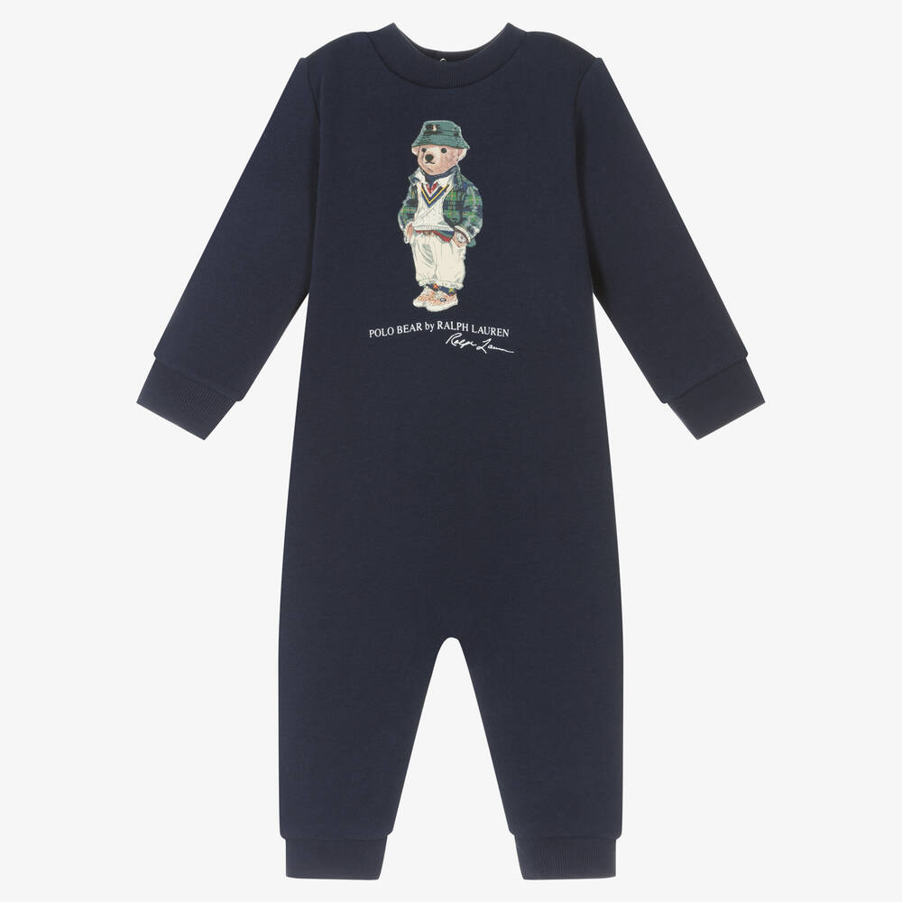 Ralph Lauren Babies' Boys Navy Blue Cotton Polo Bear Romper