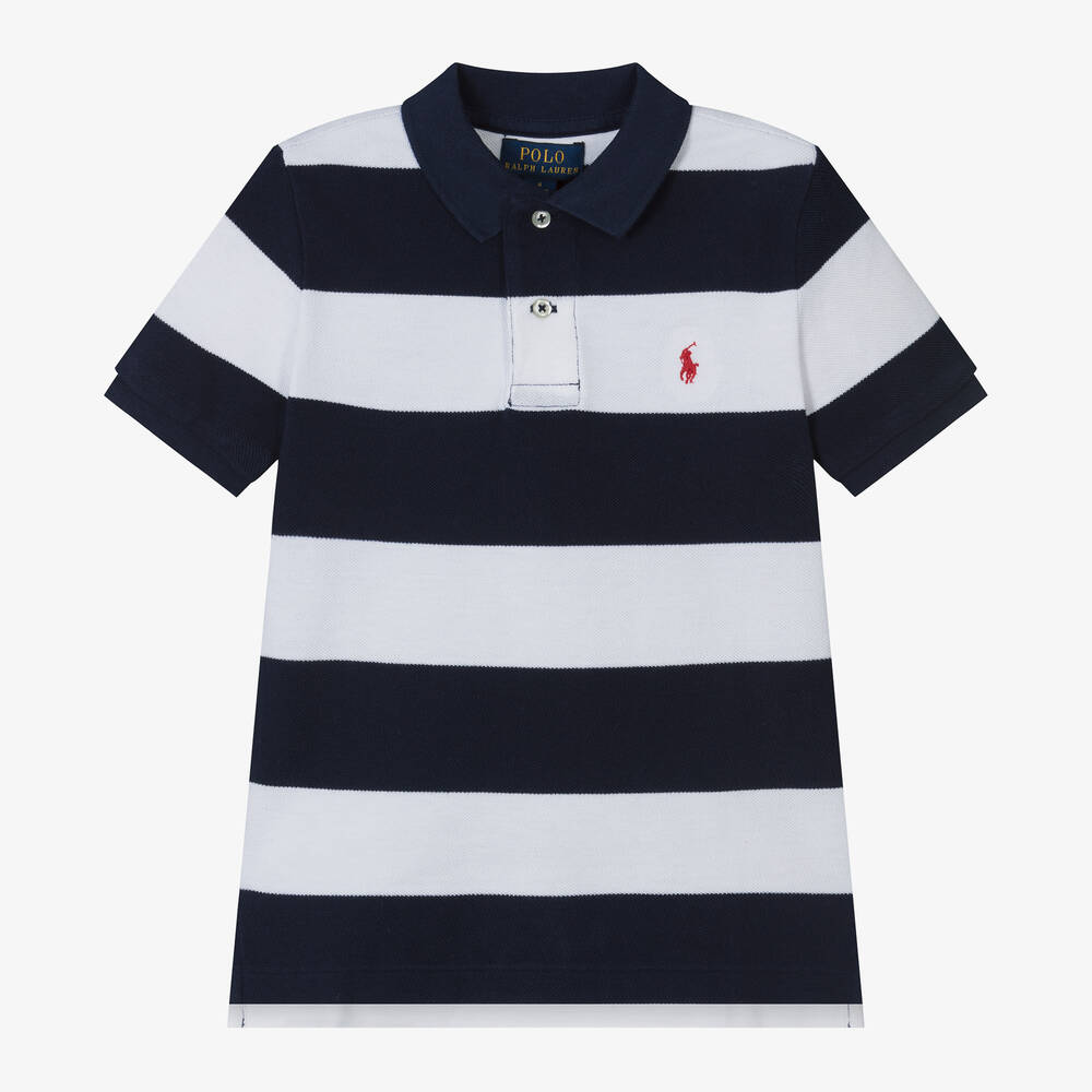 Ralph Lauren - Boys Navy Blue Cotton Stripe Polo Shirt | Childrensalon