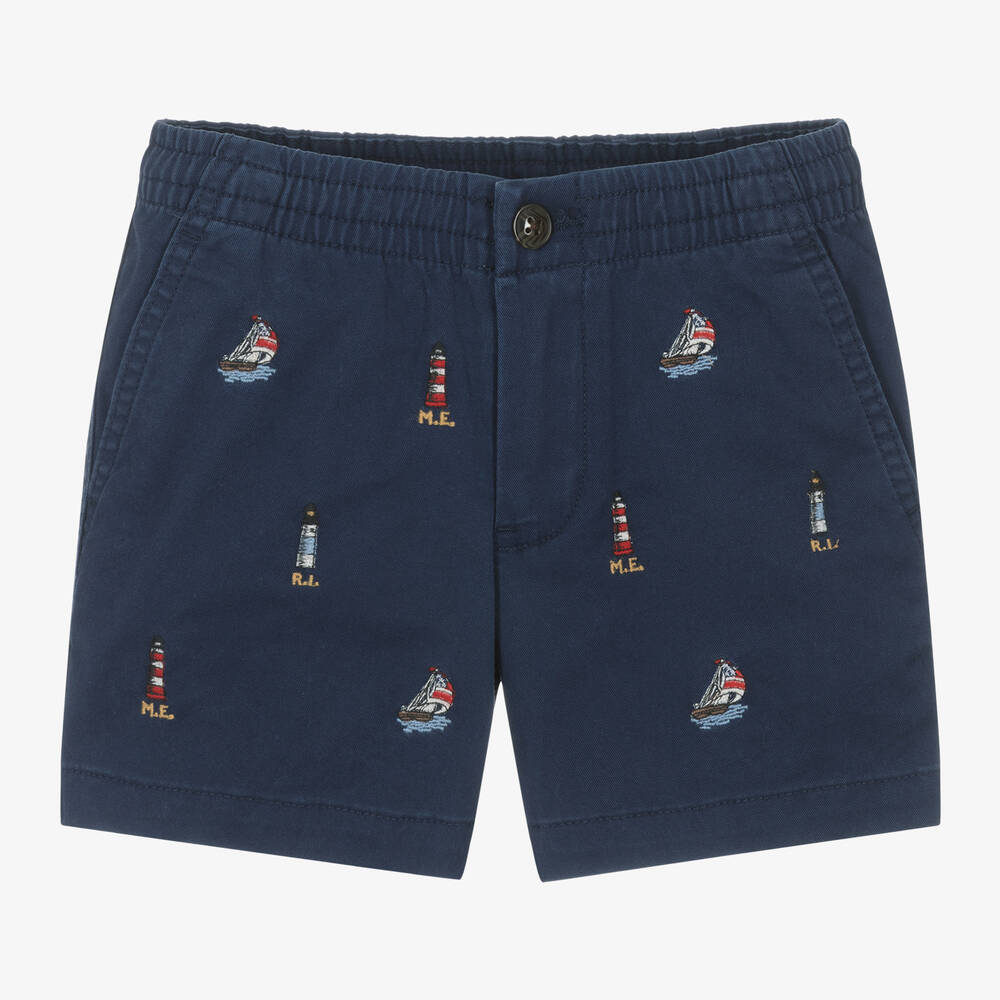 Ralph Lauren - Boys Navy Blue Embroidered Cotton Shorts | Childrensalon