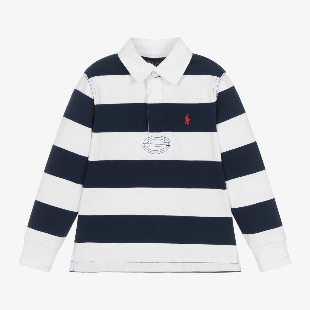 Ralph Lauren - Boys Navy Blue Stripe Cotton Rugby Shirt | Childrensalon