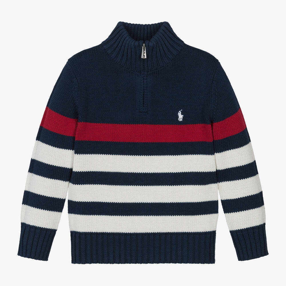 Ralph Lauren - Boys Navy Blue Striped Cotton Sweater | Childrensalon