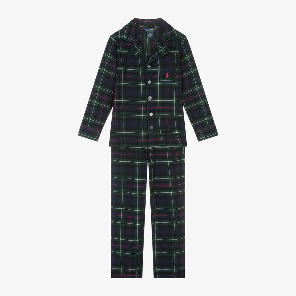 Ralph Lauren - Boys Navy Blue Tartan Cotton Pyjamas | Childrensalon