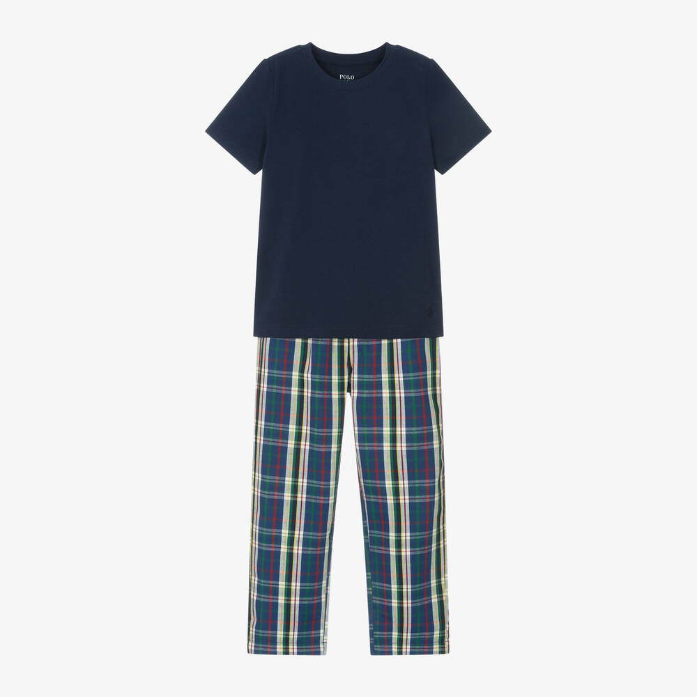 Ralph Lauren - Boys Navy Blue Tartan Cotton Pyjamas | Childrensalon