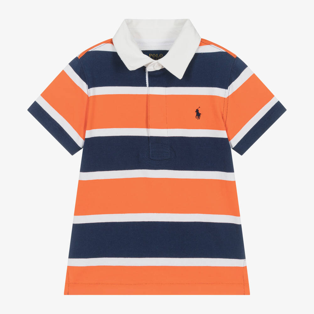 Ralph Lauren - Boys Orange Stripe Cotton Rugby Shirt | Childrensalon