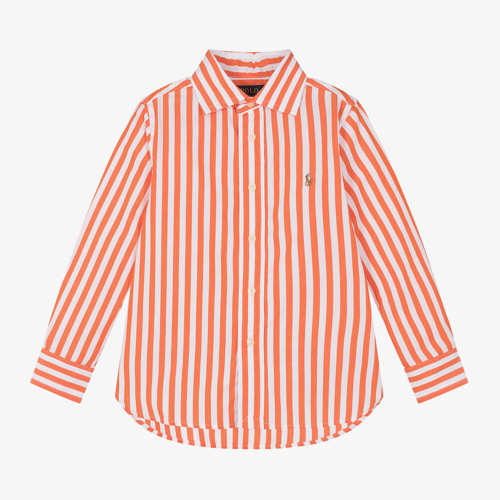 Ralph Lauren - قميص قطن مقلم لون برتقالي وأبيض للأولاد | Childrensalon