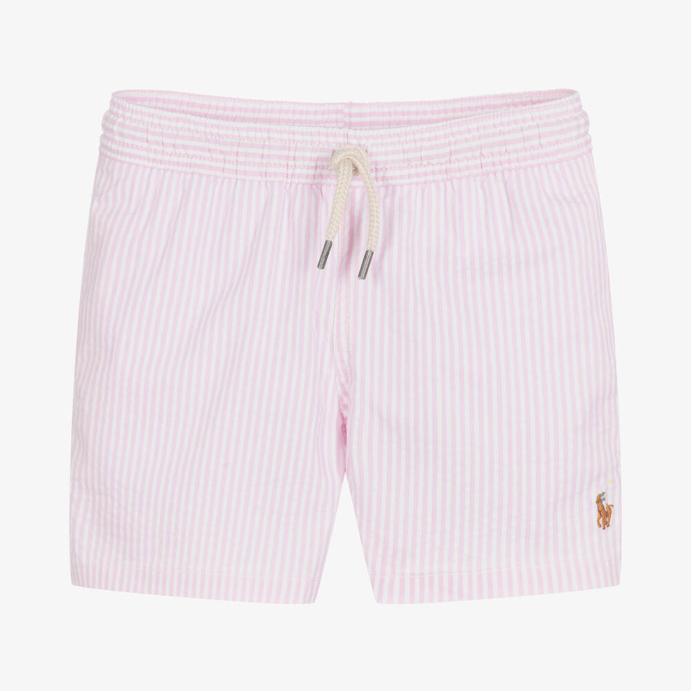 Ralph Lauren - Boys Pink Striped Seersucker Swim Shorts | Childrensalon