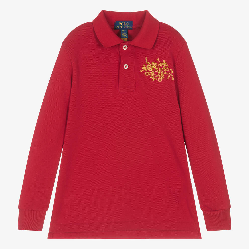 Ralph Lauren - Boys Red Cotton Triple Pony Polo Shirt | Childrensalon