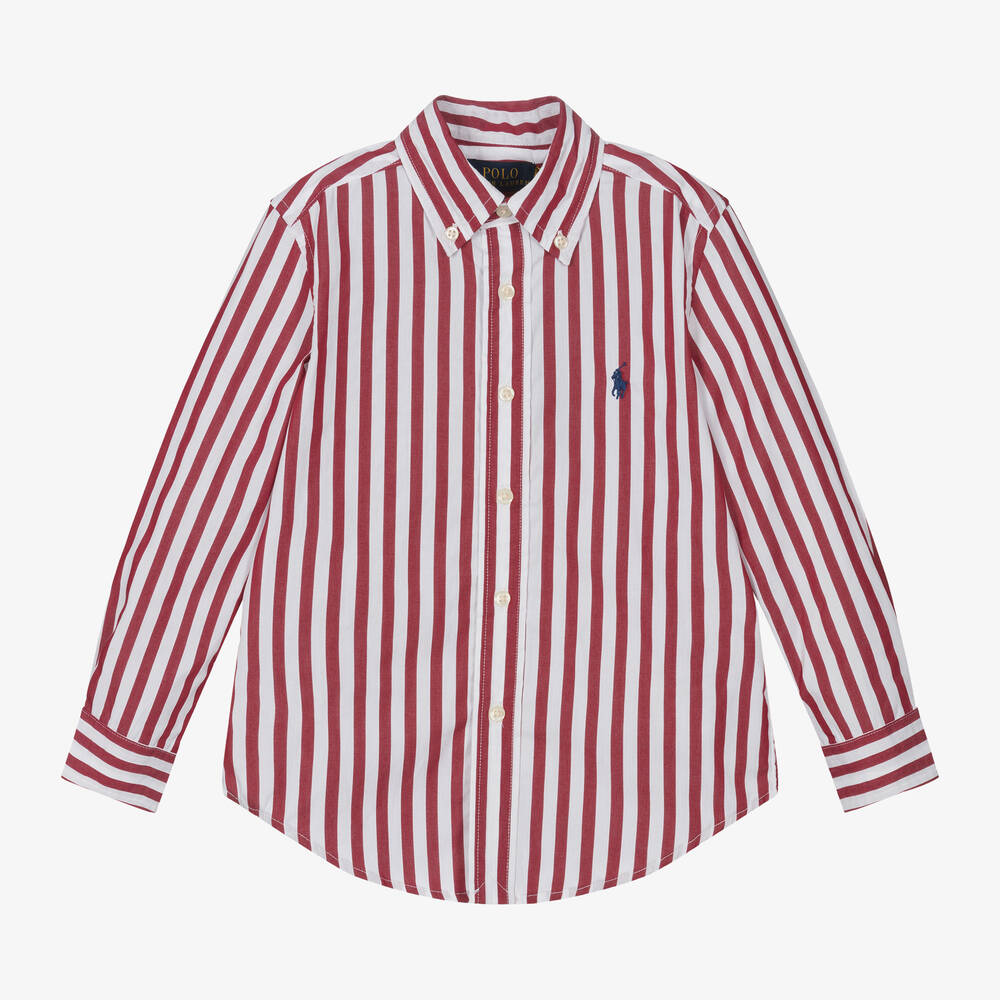 Ralph Lauren - Boys Red & White Stripe Cotton Shirt | Childrensalon