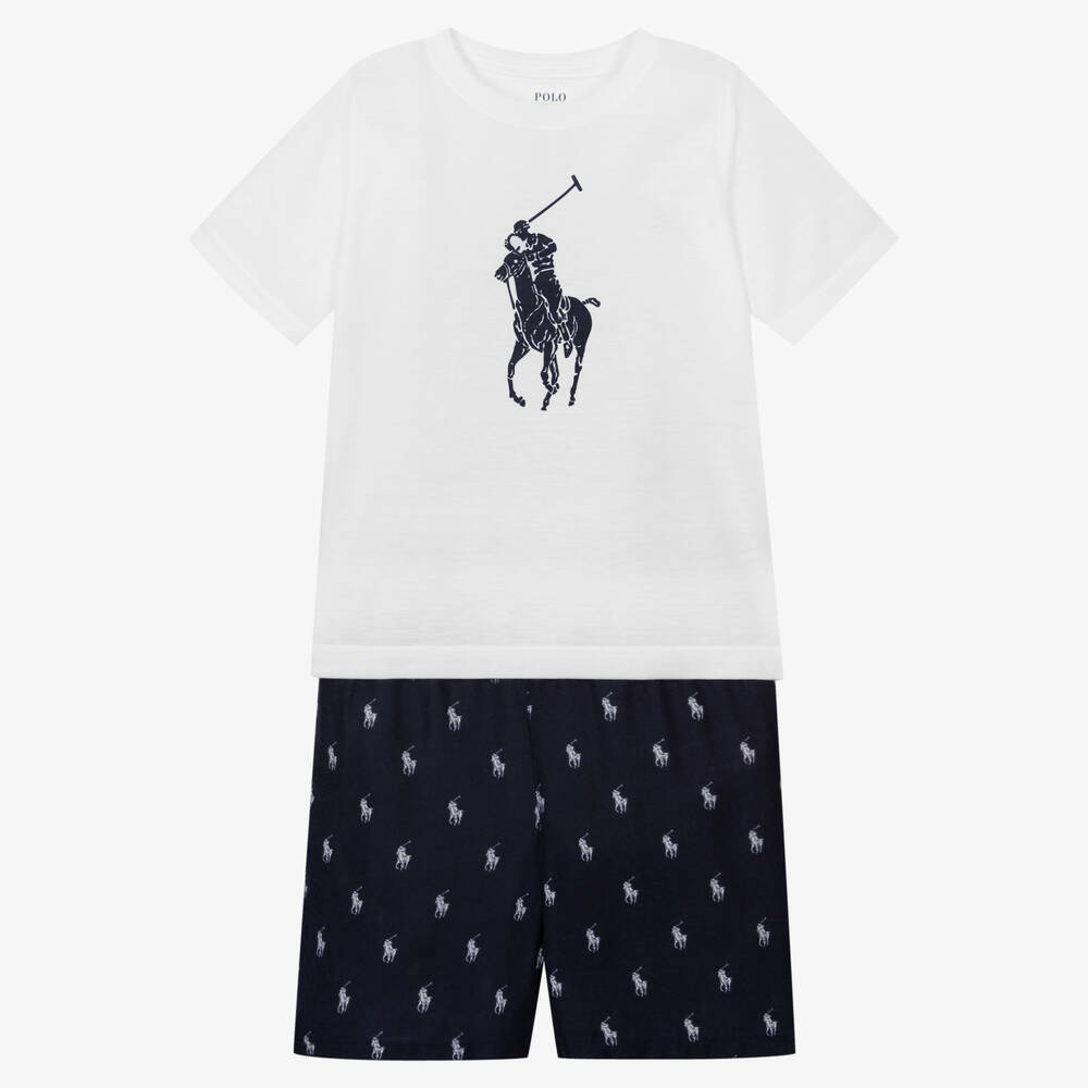 Ralph Lauren - Boys White & Blue Cotton Pony Pyjamas | Childrensalon