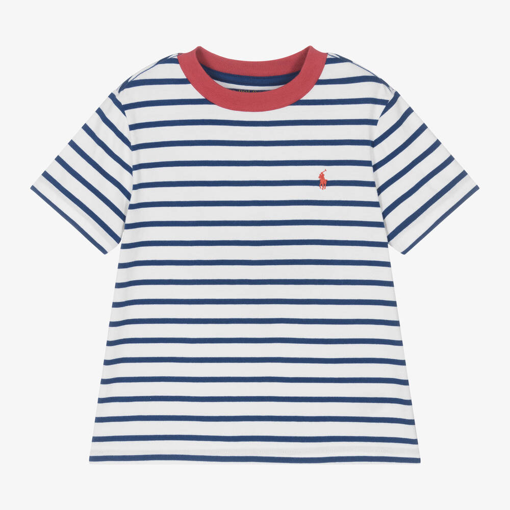 Ralph Lauren - Boys White & Blue Stripe Cotton T-Shirt | Childrensalon