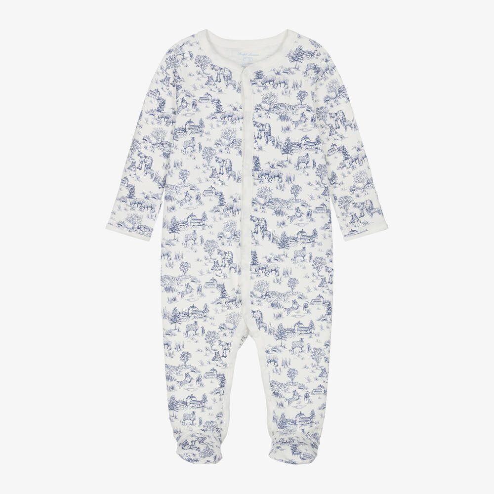 Ralph Lauren - Boys White & Blue Toile De Jouy Babygrow | Childrensalon