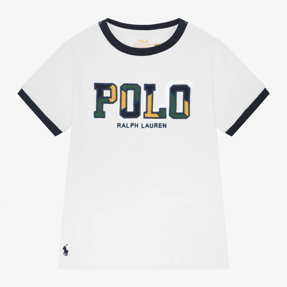 Ralph Lauren - Boys White Corduroy Logo Cotton T-Shirt | Childrensalon