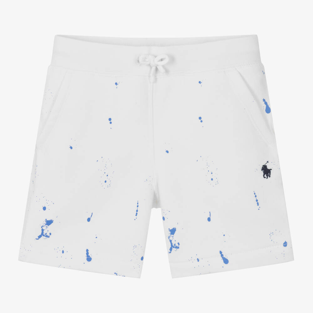 Ralph Lauren - Boys White Cotton Paint Splatter Shorts | Childrensalon