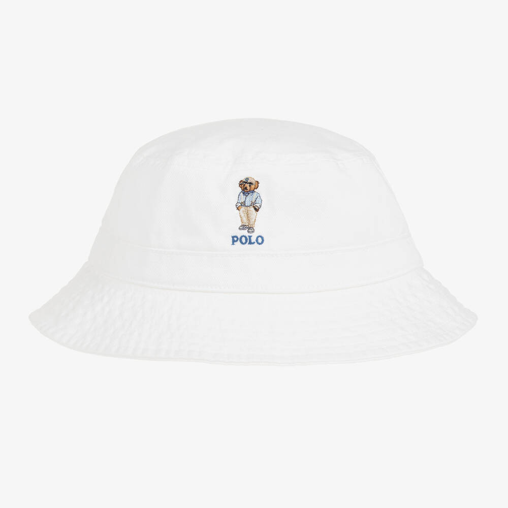 Ralph Lauren - Boys White Cotton Polo Bear Bucket Hat | Childrensalon