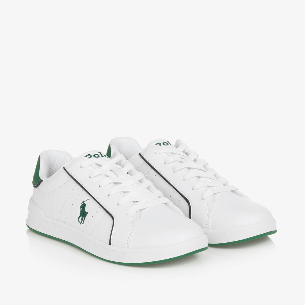 Ralph Lauren - حذاء رياضي بأربطة جلد صناعي لون أبيض للأولاد | Childrensalon