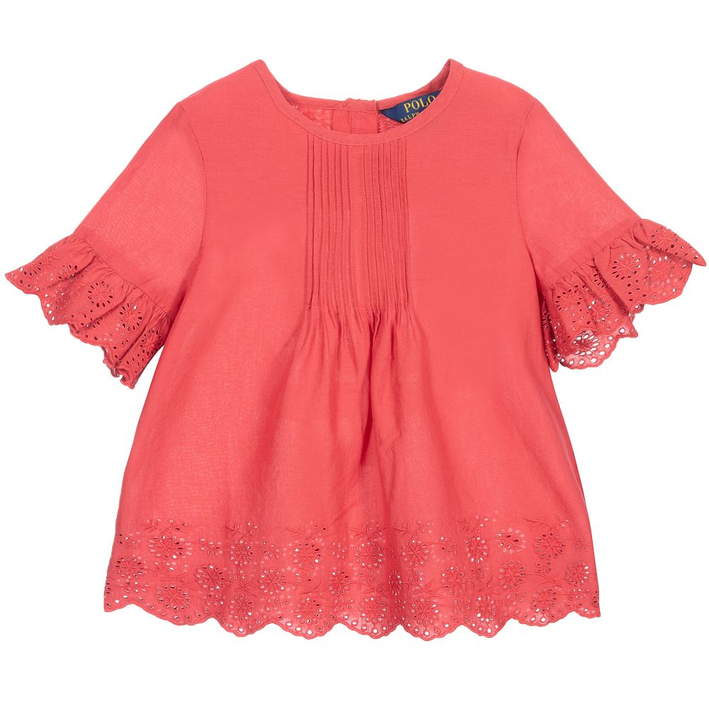 Polo Ralph Lauren Kids' Girls Embroidered Red Cotton Blouse In Pink