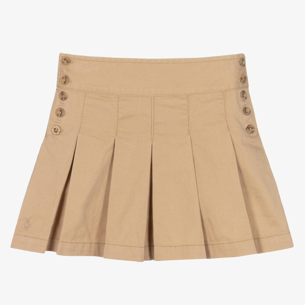 Ralph Lauren - Girls Beige Cotton Twill Pleated Skirt | Childrensalon