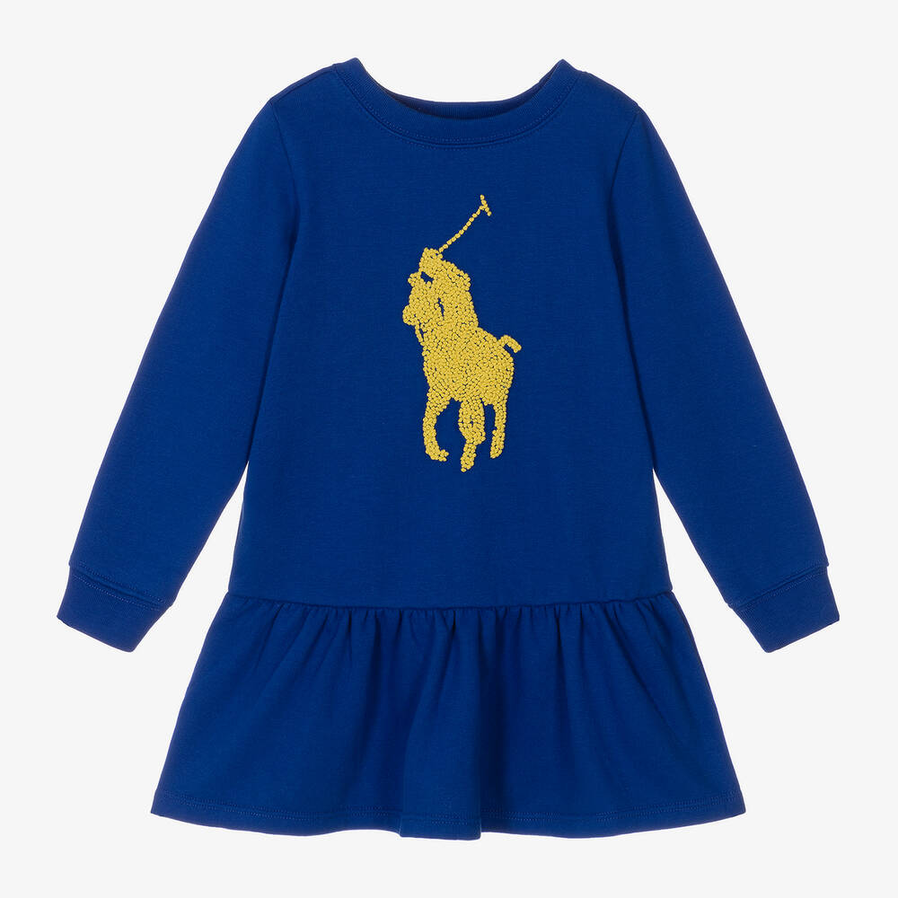 Ralph Lauren - Girls Blue Big Pony Sweatshirt Dress | Childrensalon