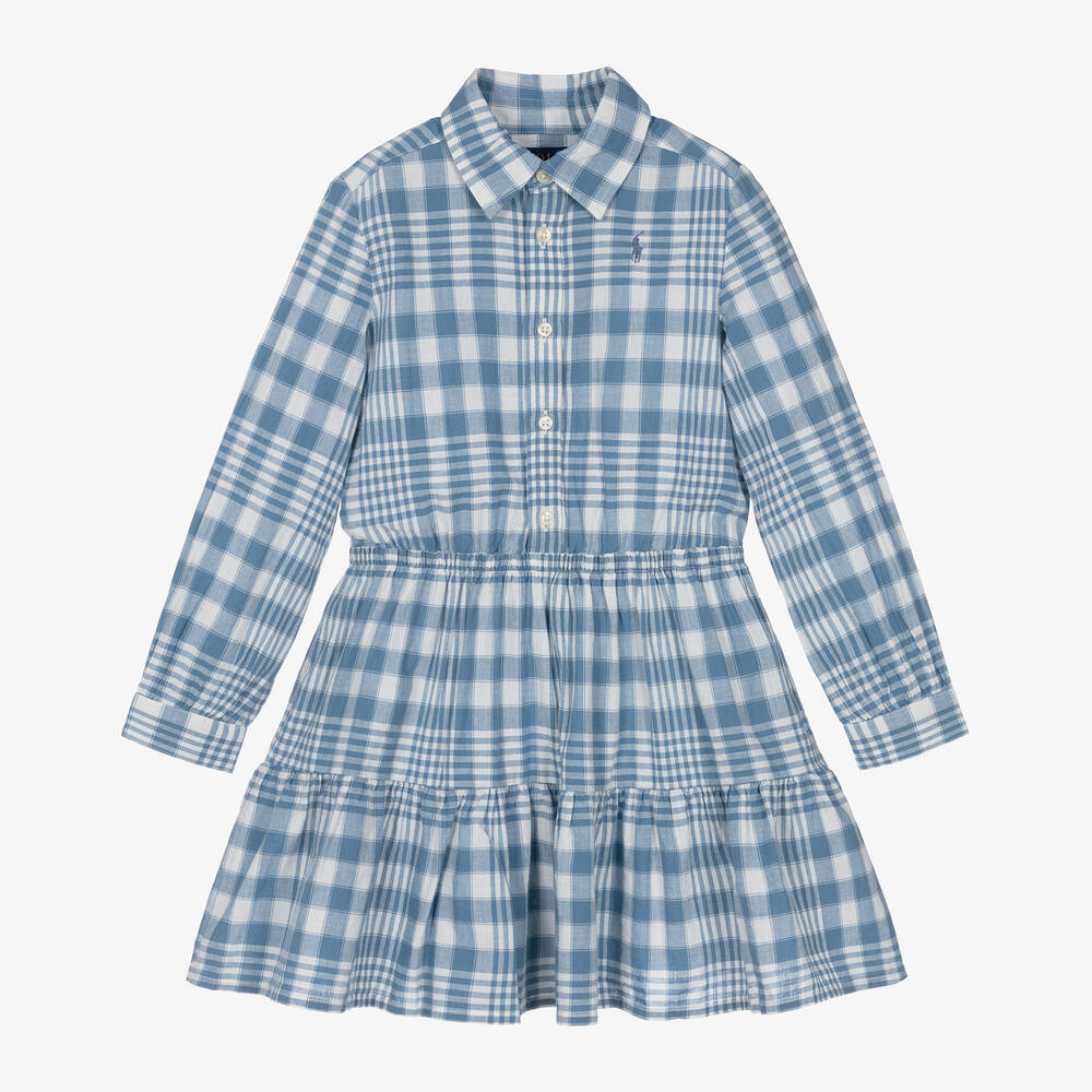 Ralph Lauren - Girls Blue Check Cotton Dress | Childrensalon