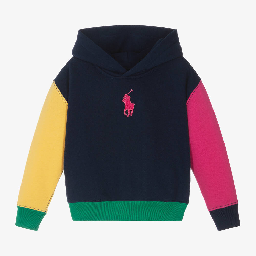 Ralph Lauren - Girls Blue Colourblock Big Pony Hoodie | Childrensalon