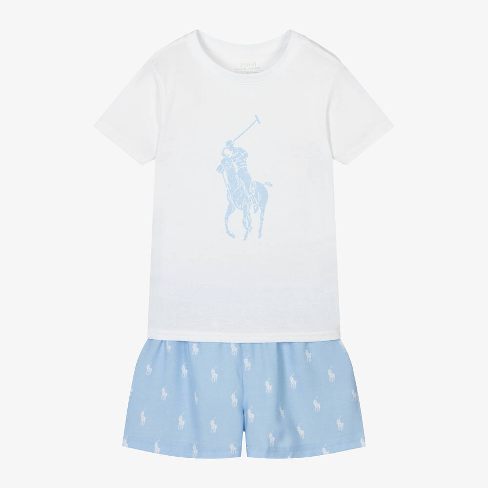 Ralph Lauren - Girls Blue Cotton Big Pony Short Pyjamas | Childrensalon