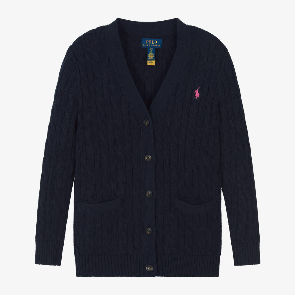 Ralph Lauren - Girls Blue Cotton Cable Knit Cardigan | Childrensalon