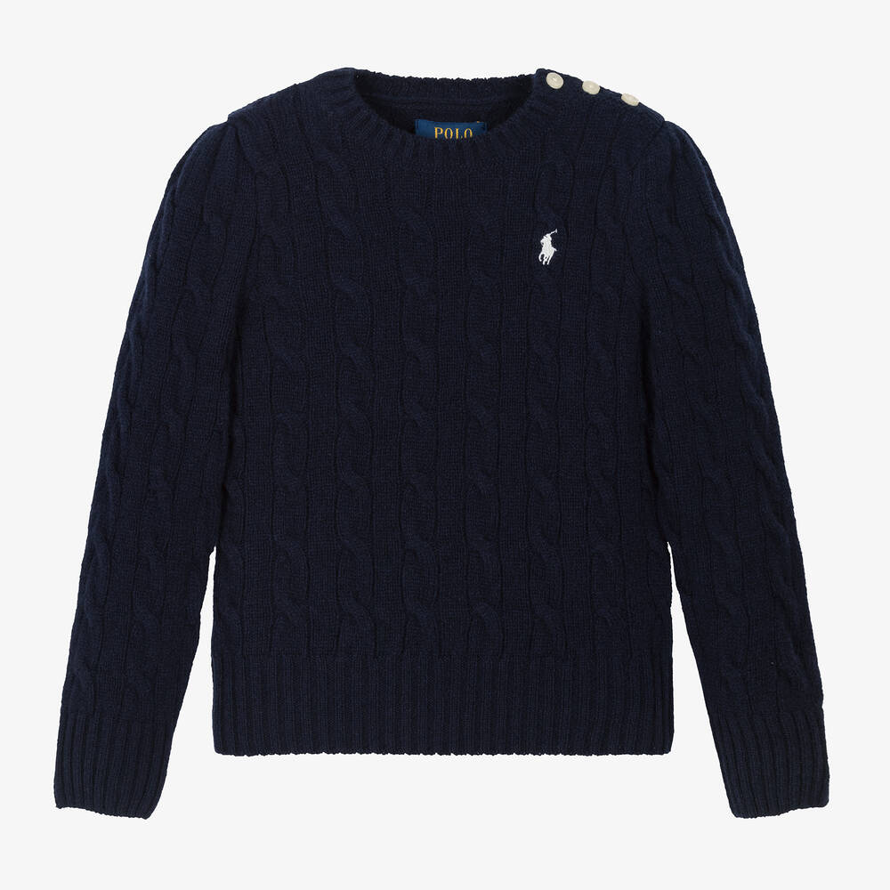 Ralph Lauren - Girls Blue Cotton & Cashmere Knitted Sweater | Childrensalon