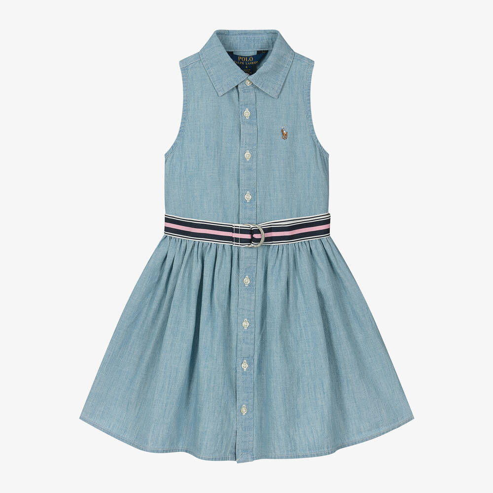 Ralph Lauren - Girls Blue Cotton Chambray Dress | Childrensalon