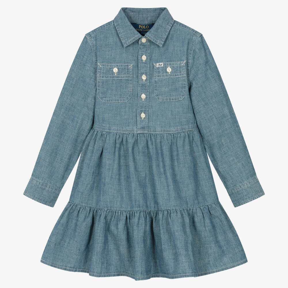 Ralph Lauren Kids' Girls Blue Cotton Chambray Shirt Dress