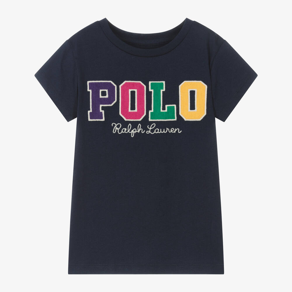 Ralph Lauren - Girls Blue Cotton Corduroy Logo T-Shirt | Childrensalon