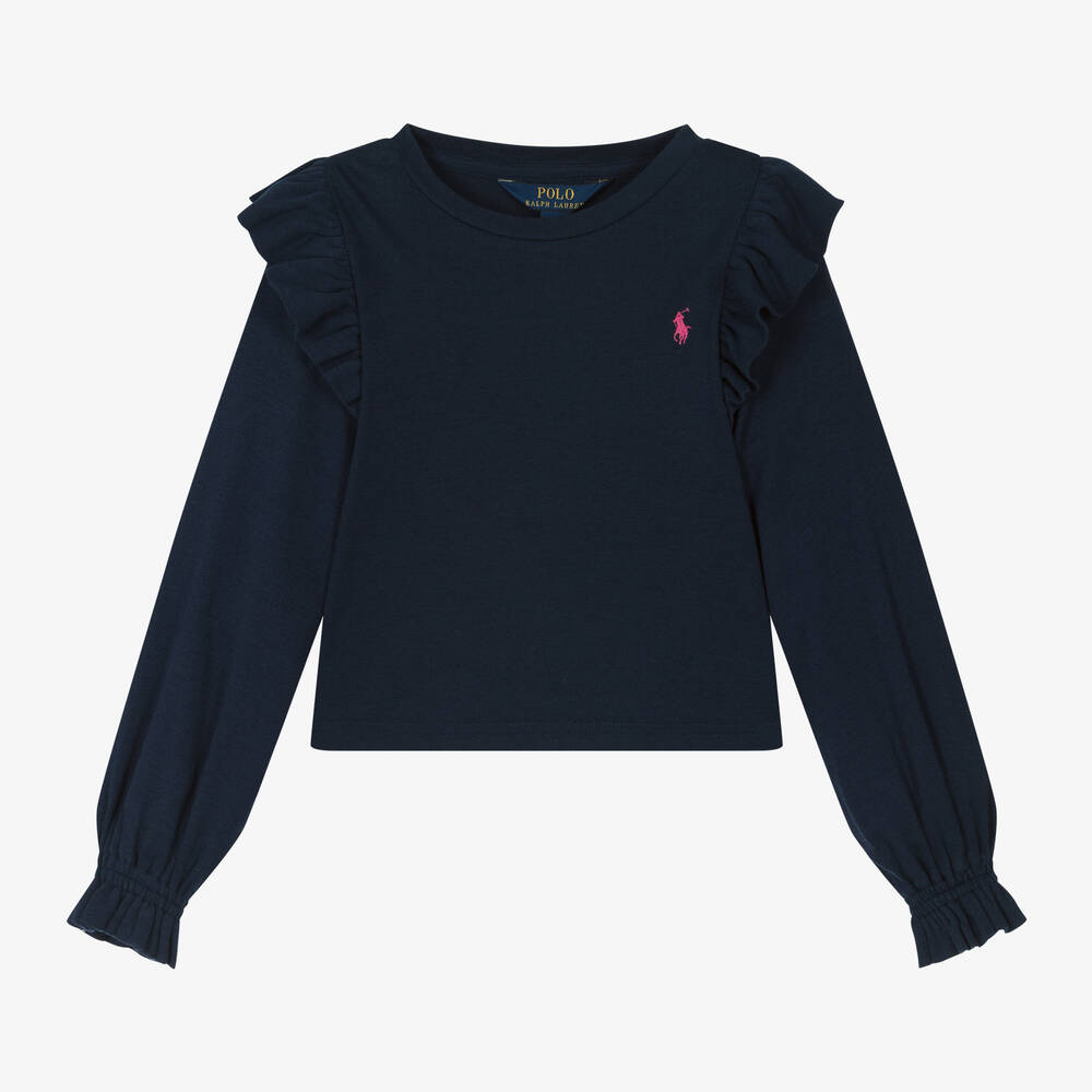 Ralph Lauren - Girls Blue Cotton Frill Top | Childrensalon