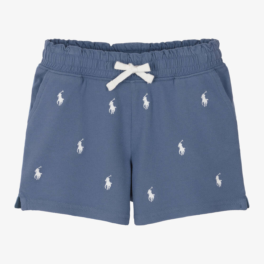 Ralph Lauren - Girls Blue Cotton Piqué Shorts | Childrensalon