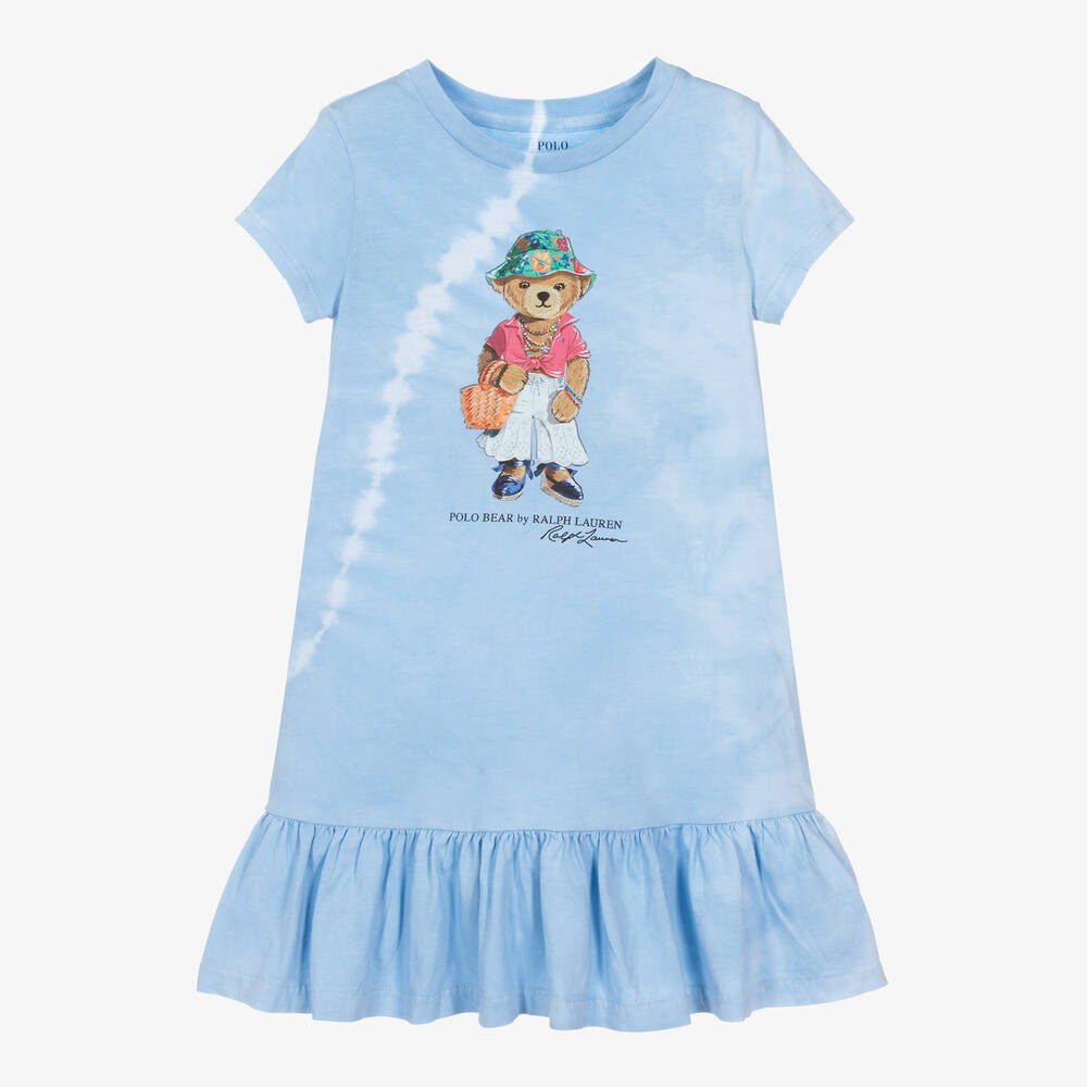 Ralph Lauren - Girls Blue Cotton Polo Bear Dress | Childrensalon