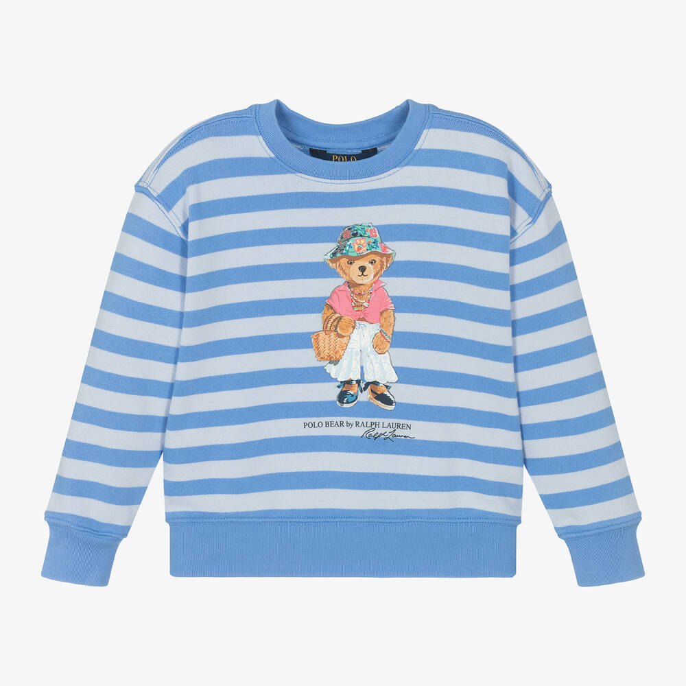 Ralph Lauren - Girls Blue Cotton Polo Bear Sweatshirt | Childrensalon