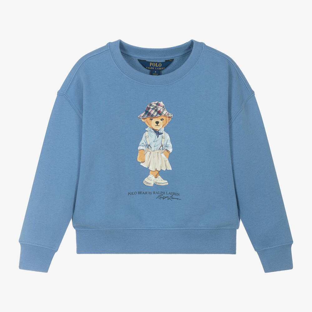 Ralph Lauren - Girls Blue Cotton Polo Bear Sweatshirt | Childrensalon