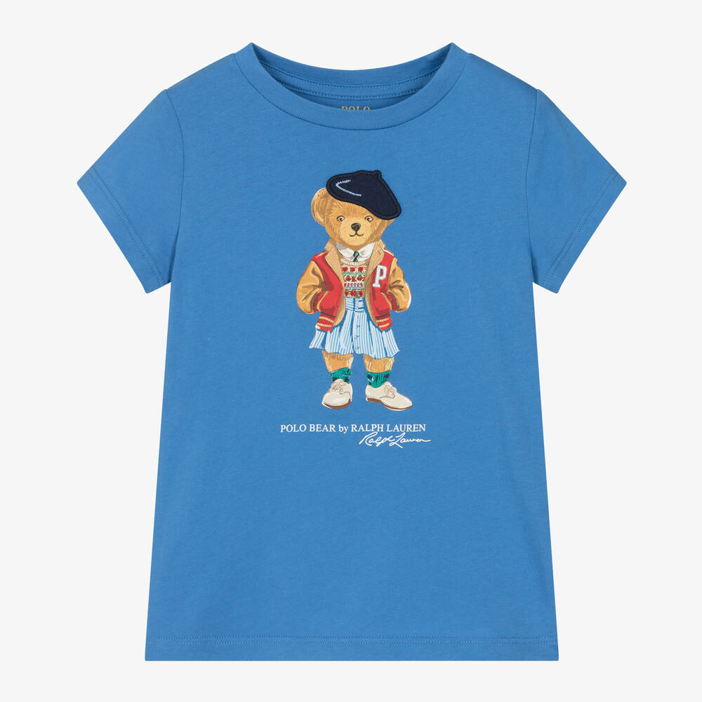 Ralph Lauren - Girls Blue Cotton Polo Bear T-Shirt | Childrensalon