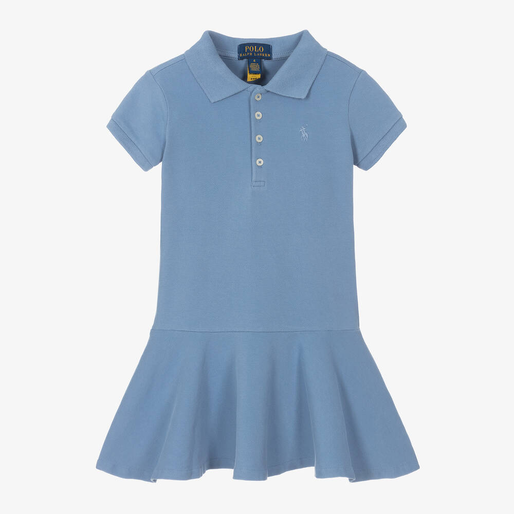 Ralph Lauren - Girls Blue Cotton Polo Dress | Childrensalon