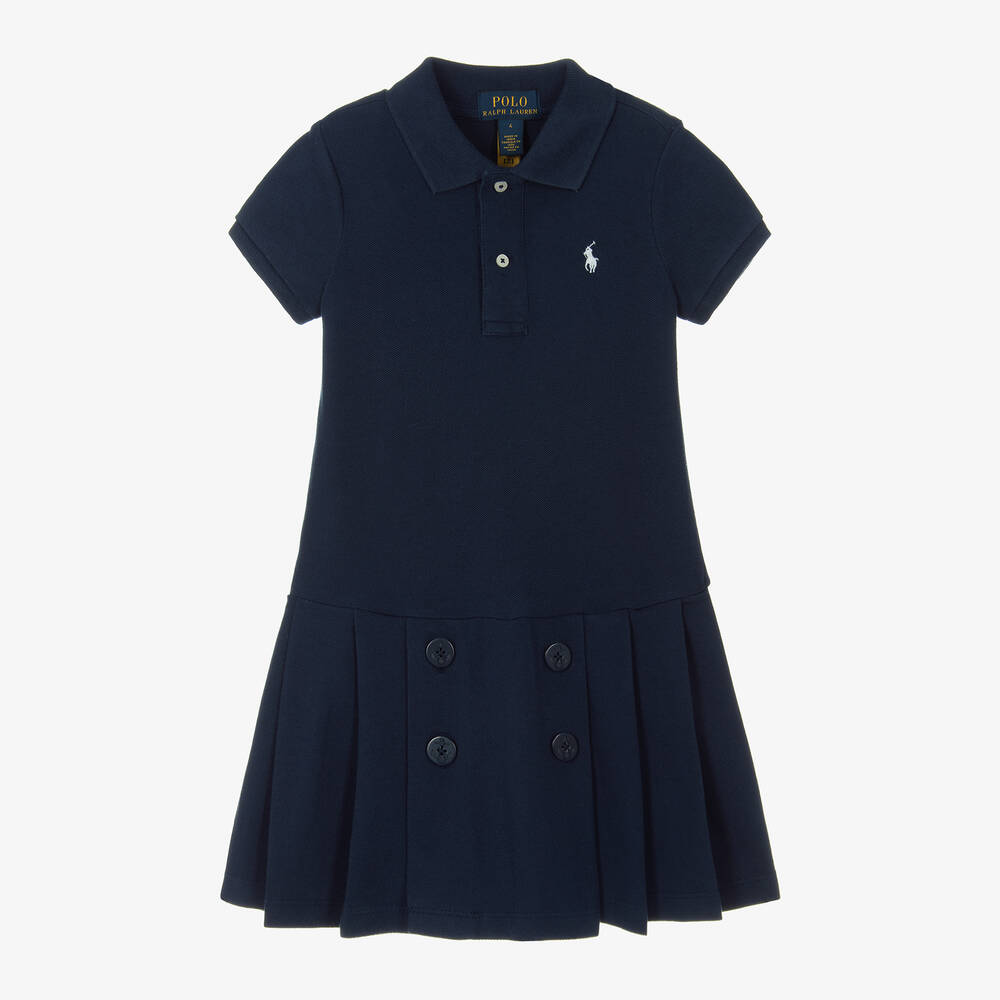 Ralph Lauren - Girls Blue Cotton Polo Dress | Childrensalon