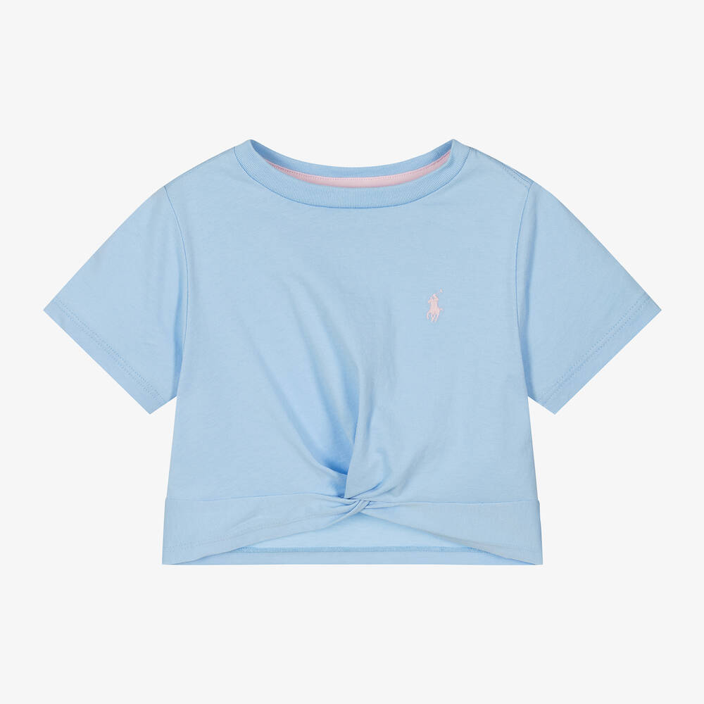 Ralph Lauren - Girls Blue Cotton Twist Front T-Shirt | Childrensalon