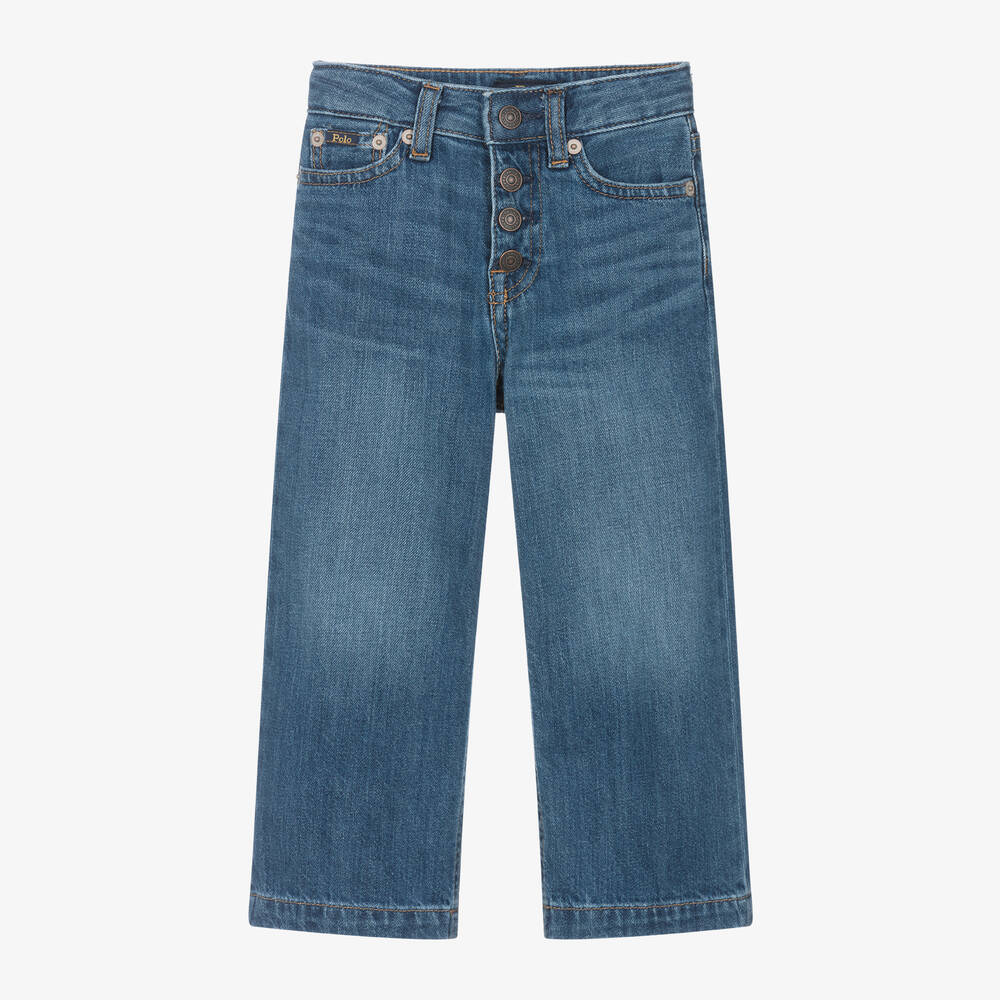 Ralph Lauren - Girls Blue Denim Wide Leg Crop Jeans | Childrensalon