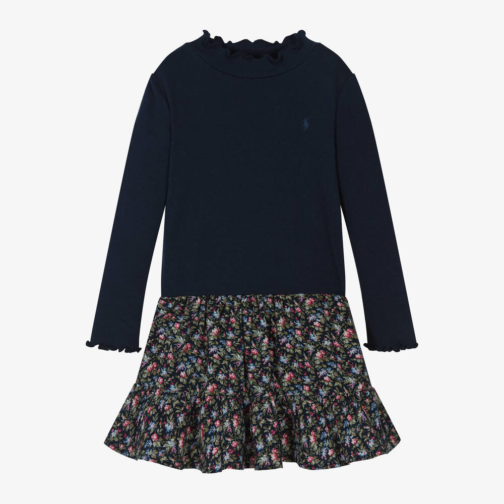 Ralph Lauren - Girls Blue Floral Cotton Dress | Childrensalon