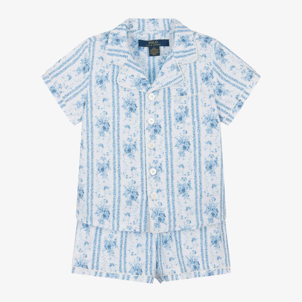 Ralph Lauren - Girls Blue Floral Cotton Short Pyjamas  | Childrensalon
