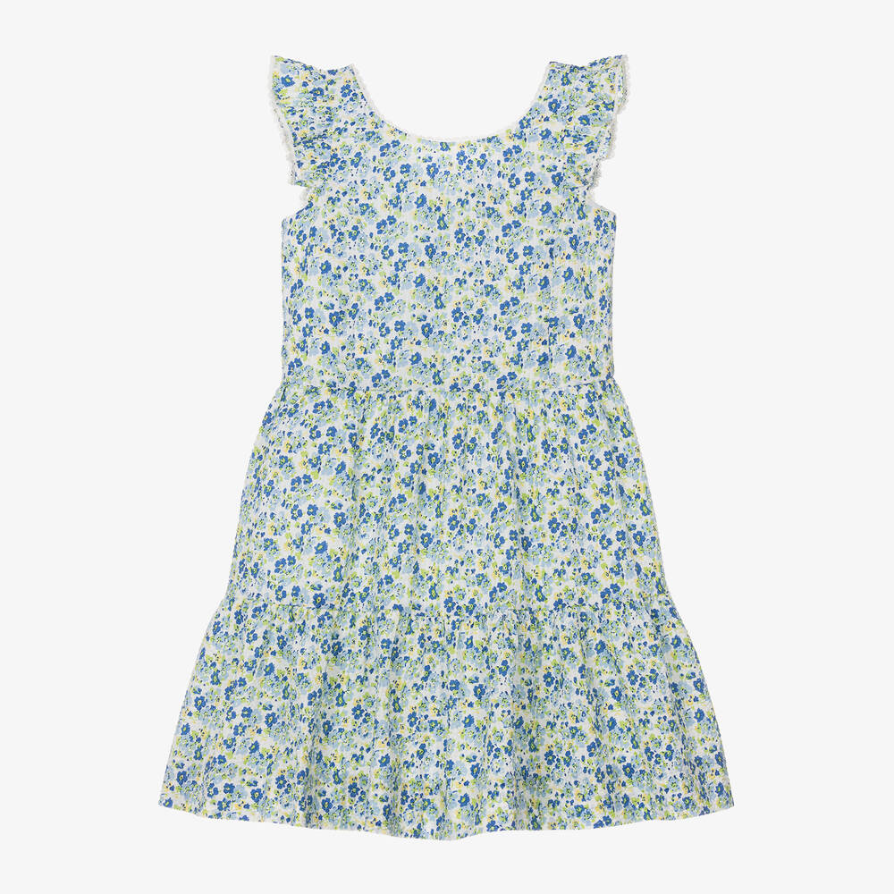 Ralph Lauren - Girls Blue Floral Print Cotton Dress | Childrensalon