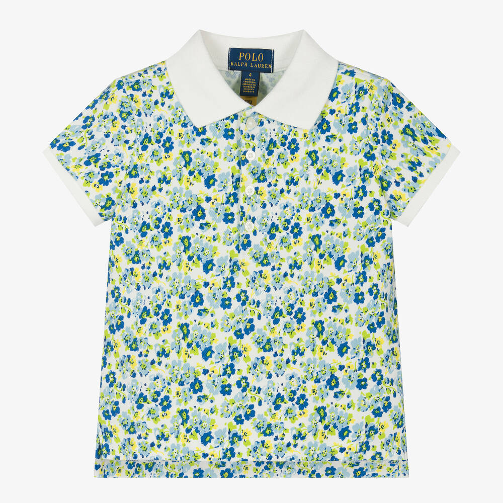 Ralph Lauren - Girls Blue Floral Print Cotton Polo Shirt | Childrensalon