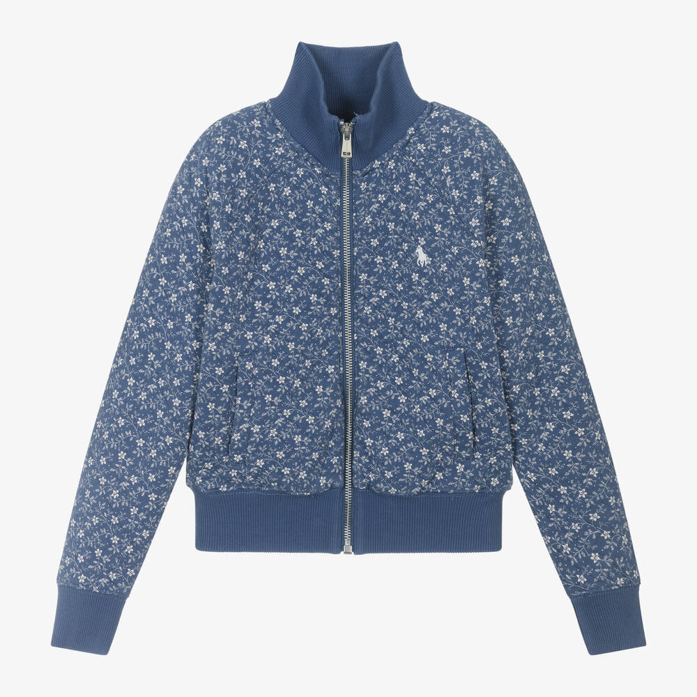 Ralph Lauren - Girls Blue Floral Print Quilted Zip-Up Top | Childrensalon